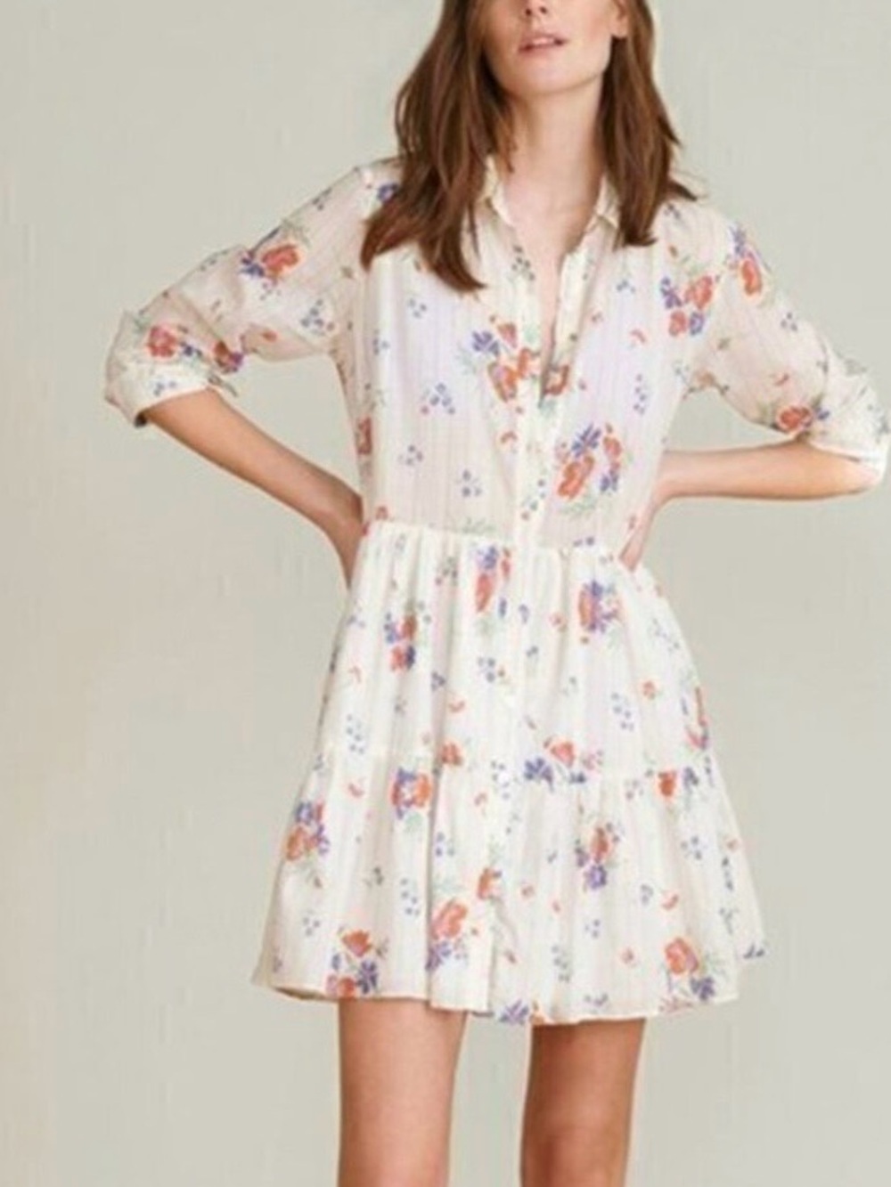 VERONICA BEARD 100% Cotton Jemila Shirt Dress White Floral Tiered
Size Medium